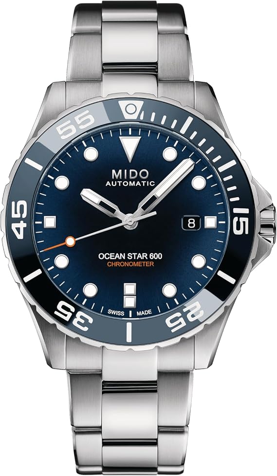 MIDO Ocean Star 600 Chronometer - Swiss Automatic Watch for Men - 43.5mm Stainless Steel Case with Rotating Ceramic Bezel - Stainless Steel Bracelet with Folding Clasp and Diving Extension