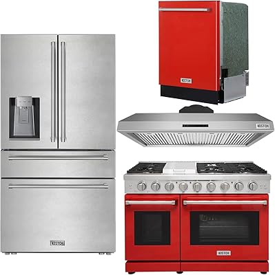 KOSTCH 4 Set - 48 Natural or Liquid Propane Gas Range, 48 Wall-Mounted Range Hoods, 36 21.6 cu. ft. French Door RefrigeratorFridge & 24 Top Control Built-In Dishwasher Red