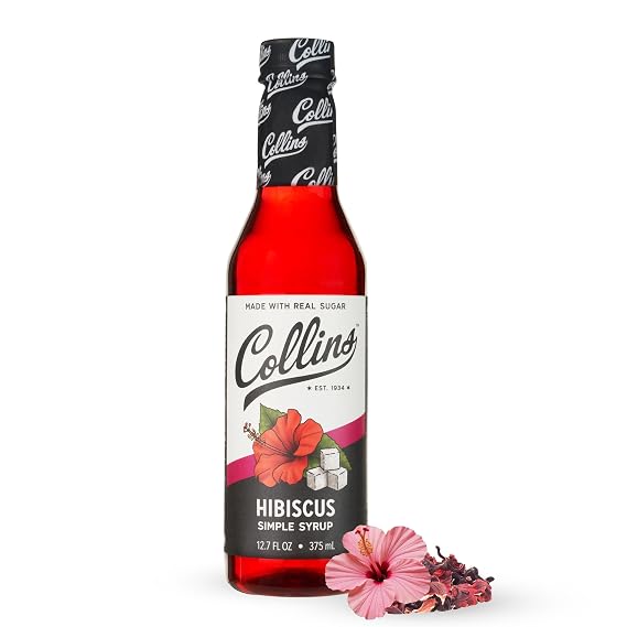 Collins Hibiscus Simple Syrup, Perfect for Margaritas, Sours, Spritz Cocktails, Lemonades, Teas, and Seltzers, Cocktail Syrups, Home Bar Accessories, Party Essentials, 12.7 oz, Set of 1