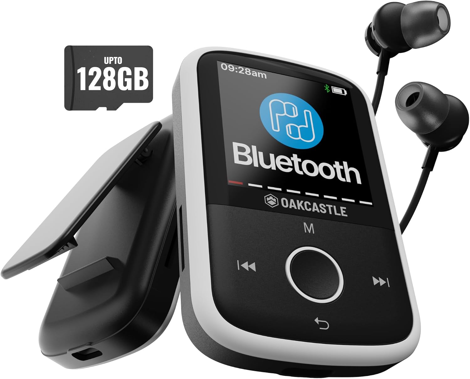 Bluetooth MP3 Music Player with Sports Clip | Included Wired Earphones | 16GB Internal Memory, Expandable by 128GB | HD Colour Screen, 34 Hours Battery Life | SD and USB-C | Oakcastle MP250 MP3 Player