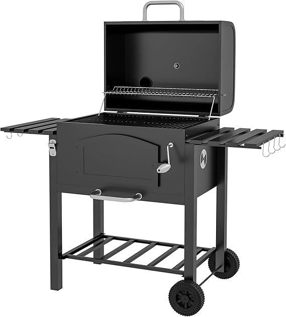 Outsunny Charcoal Grill with Adjustable Height, Folding Shelves, Black | Portable BBQ, Thermometer, Bottle Opener and Wheels, Barbecue, Outdoor Camping, Picnic, Patio, Backyard