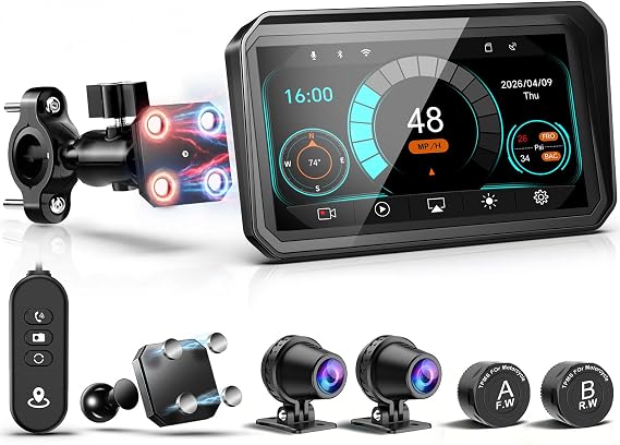 2026 LBW 6" Motorcycle CarPlay GPS with Wireless Android Auto, Dual 2K Dash Cam/Recorder, Navigation System, IP69K Waterproof, QLED Touchscreen, TPMS, BT, G-Sensor, Loop Recording, Magnetic Bracket