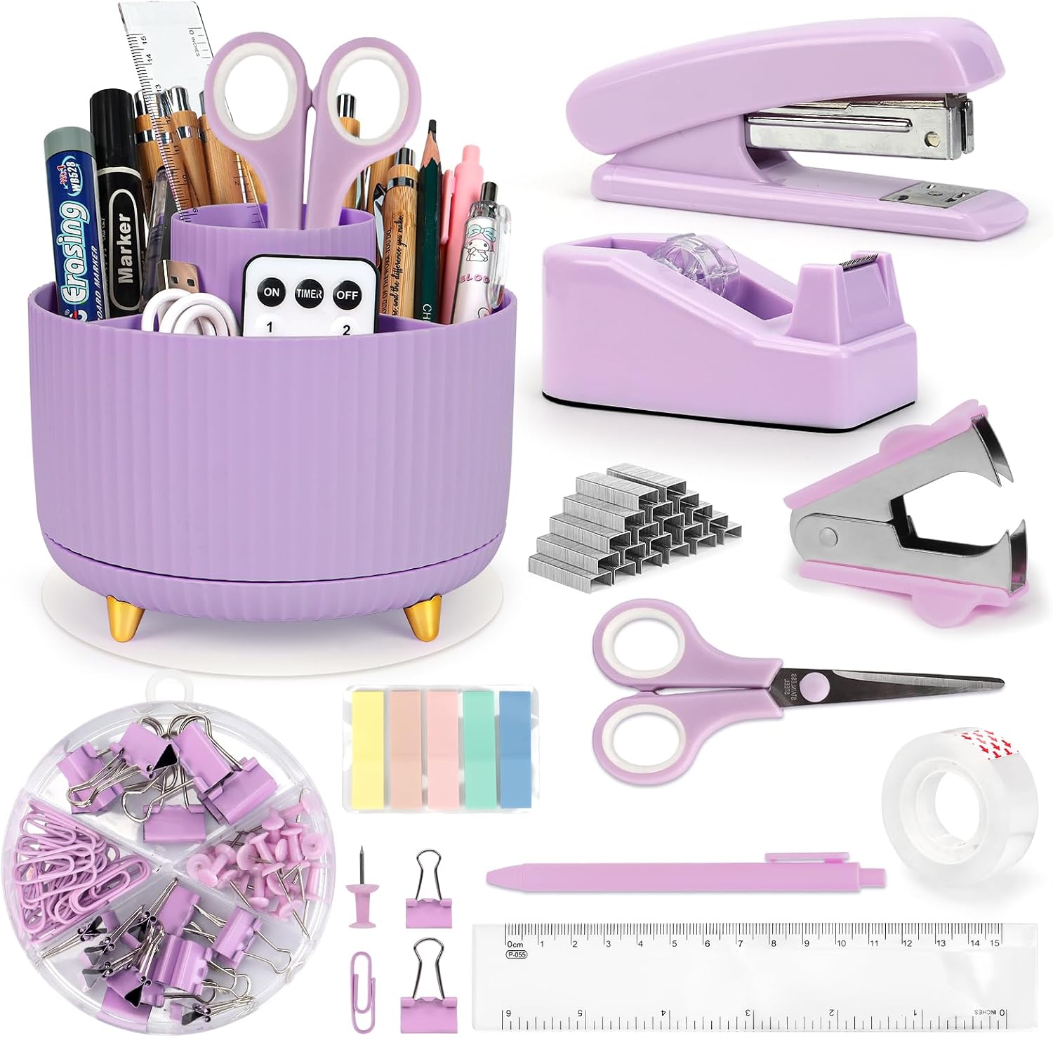 Cute Stationery Set, 13 in 1 Office Supplies & Desk Accessories for Women with Stapler & Staples Set, Pencil Holder, Tape Dispenser, Scissors, Clips, Ruler, Gift for Teachers, Students, Girls (Purple)