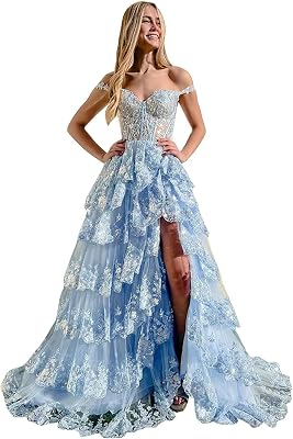 RSOETOO Women TieSky Blue White Prom Dresses with Slit Long Ruffles Cold Shoulder Sequins Lace Formal Party Evening A-Line Ball Gowns Anniversary US00