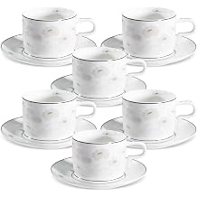 fanquare Silver Floral Tea Cup and Saucer Set of 6 Elegant British Coffee Cups Porcelain Teacups Gift for Afternoon Tea Party 220ml