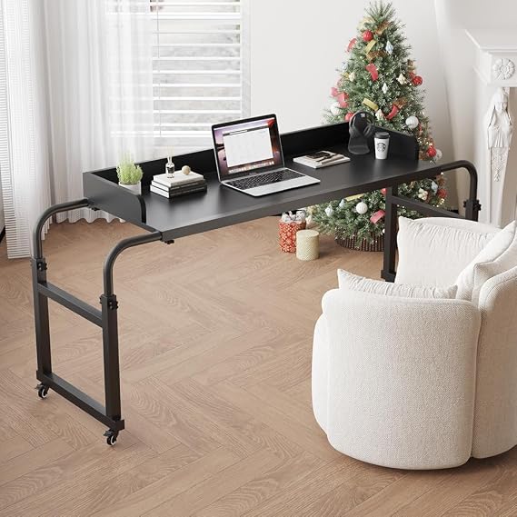 LINGMI Kids and Adult Desk, Overbed Table with Wheels, Bed Desk Recliner Table Adjustable Height Laptop Table, Queen King Size Over The Bed Table with Metal Leg(Black)