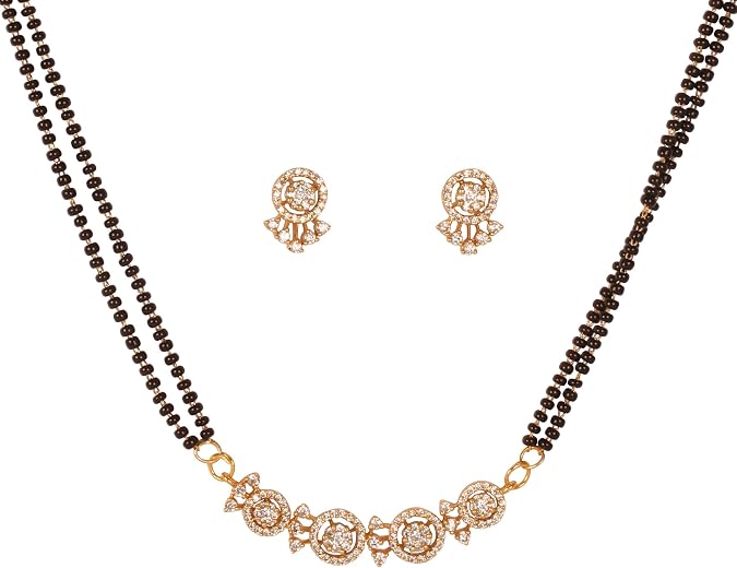 Sunsoul by Touchstone Traditional Indian Bollywood Studded Diamond Look Black Beads Symbolic Designer Jewelry Mangalsutra Pendant Set in Gold Tone for Women.