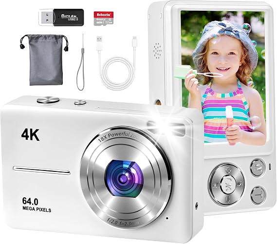 4K Digital Camera for Photography, Autofocus 64MP Vlogging Camera, 32GB TF Card, 2.8'' LED Screen, 18X Zoom, Anti-Shake, Portable YouTube Point and Shoot Digital Cameras for Kids Teens Adult Beginner