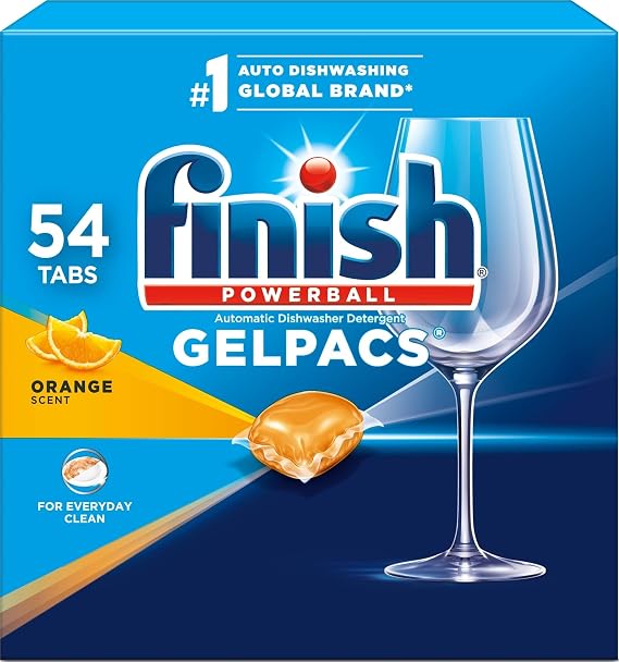 Finish Gelpacs Dishwasher Detergent Pods, Quick Dissolving Cleaning Power, Fights Grease & Dried-On Food, Easy-to-Use Pre-Measured Dishwasher Soap, Orange Scent, 54 Count
