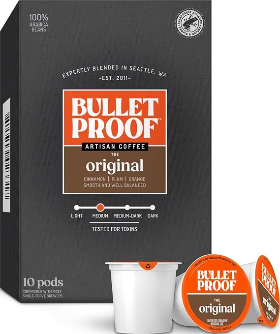 Bulletproof Original Medium Roast Single-Serve Pods, 10 Count, Arabica Beans, Clean Coffee Tested for Toxins
