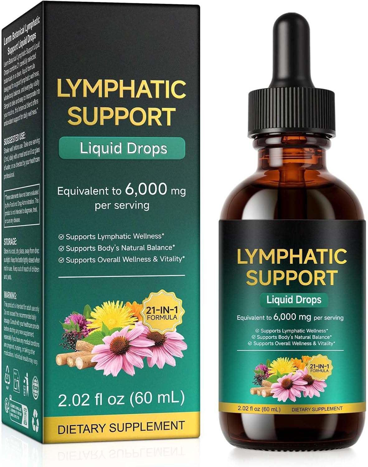Lymphatic Drainage Drops – 6,000 mg Equivalent per Serving – Advanced Botanical Formula – Supports Natural Balance & Immune Health – 2.02 fl oz (60 mL) – Maximum Absorption & Vegan