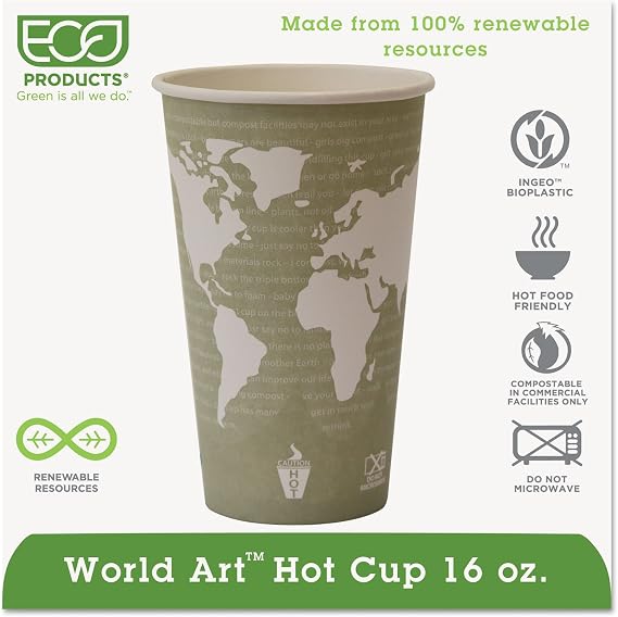 Eco-Products EPBHC16WA World Art Renewable Compostable Hot Cups, 16 oz, 50/PK, 20 PK/CT
