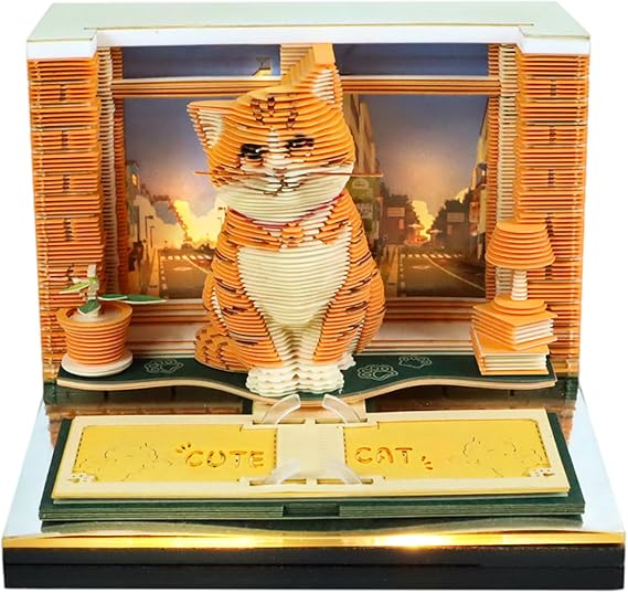 3D Art Calendar 2027, Time Piece Calendar 3D Memo Pad Creative Rip Away Paper Carving DIY Note (Orange Cat)