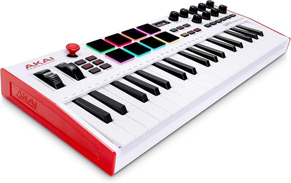 Akai Professional MPK Mini Plus USB MIDI Keyboard Controller White 37 touch-sensitive mini buttons 8 MPC pads 64 step sequencer MIDI/CV/Gate-I/O software suite for beatmaker