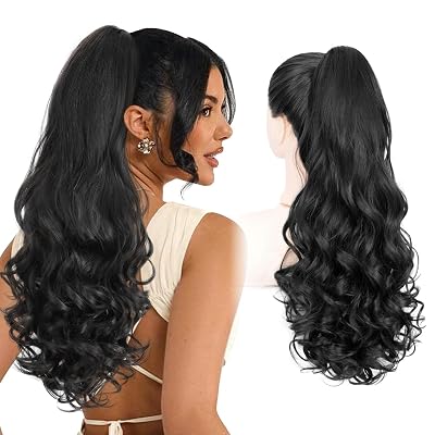 Ponytail Extension, 24 Inch Natural Black Long Curly Wavy Claw Clip in Pony Tails Hair Extensions, Natural Looking Synthetic Hairpiece for Women