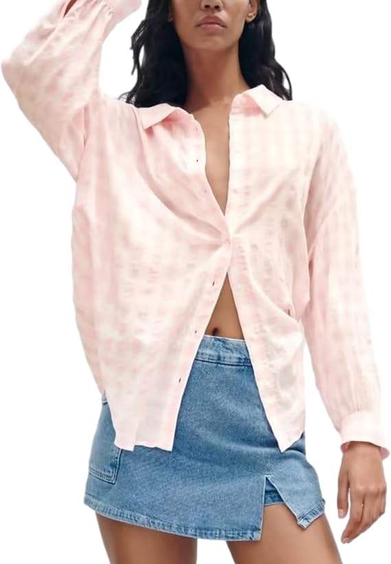 Womens Oversized Gingham Shirt Casual Long Sleeve Button Down Plaid Shirts Blouses Tops