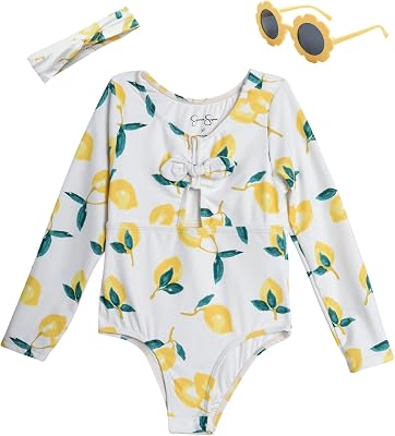 Jessica Simpson Baby Girls’ Once Piece Bathing Suit – UPF 50 Long Sleeve Rashguard, Headband, Sunglasses: Infants Toddlers