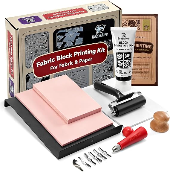 Bobblebro Linocut Kit for Printmaking, Fabric Block Printing Kit with Ink | Stamp Making Kit, Linoleum Blocks, 2.6 oz Fabric Ink for Fabric & Paper, Carving Tools, Adult DIY Art, Back To School Gift