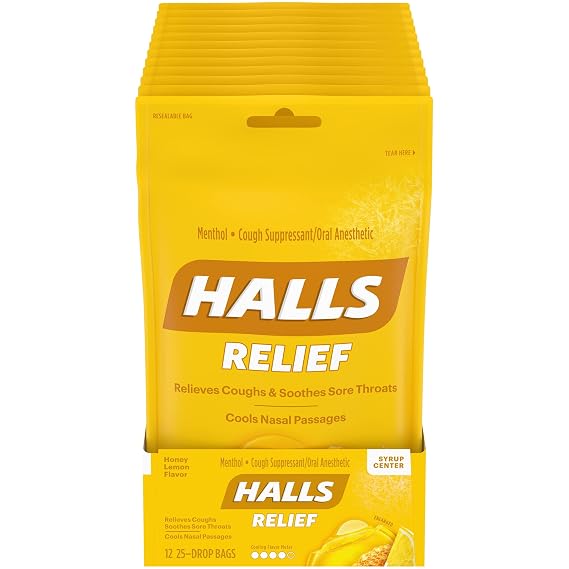 HALLS Cough Drops, (Honey-Lemon, 25 Drops, 12-Pack)