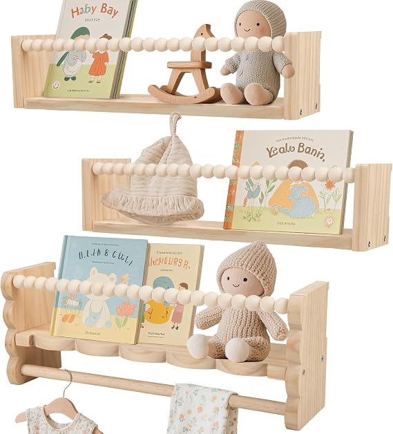Nursery Shelves for Wall, 40cm Wooden Floating Book Shelves Set of 3, Wall Mounted Kids Book Shelf with Hanging Rail, Baby Nursery Decor Toy Display Storage Shelf for Kids Room, Bedroom