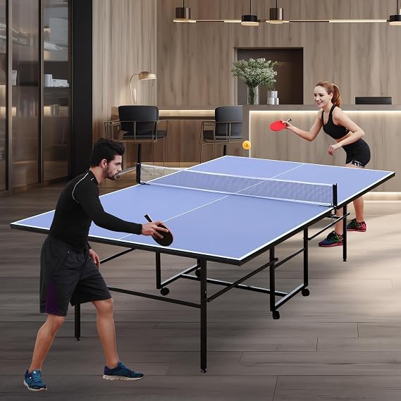 Professional Outdoor Table Tennis Table, 9ft Full Size Ping Pong Table for Indoor/Outdoor Use, Weatherproof Folding Portable Design with Wheels, Net Included, 10-Min Assembly, Playback Mode