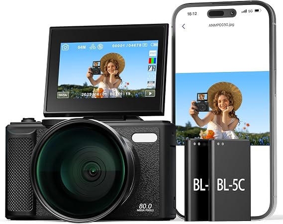 5K Digital Camera 80MP Autofocus Vlogging Camera for YouTube | 3" 180° Flip Screen, 18X Zoom, Travel Compact Camera| 64GB Card & 2 Batteries for Beginners & Teens