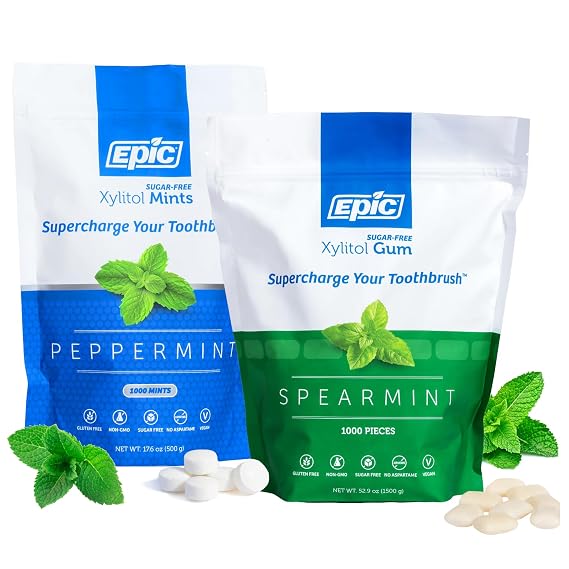 Epic Xylitol Spearmint Chewing Gum & Peppermint Mints Bundle - 1000 Pieces Spearmint Gum & 1000 Peppermint Mints - Sugar Free, Aspartame Free, Dentist-Recommended for Dry Mouth & Cavity Protection