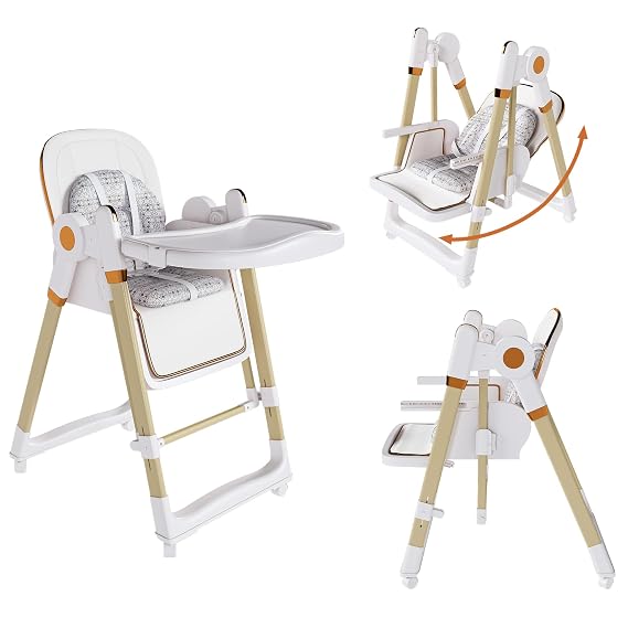 Foldable Baby High Chair with 150 Swing & Recline, White