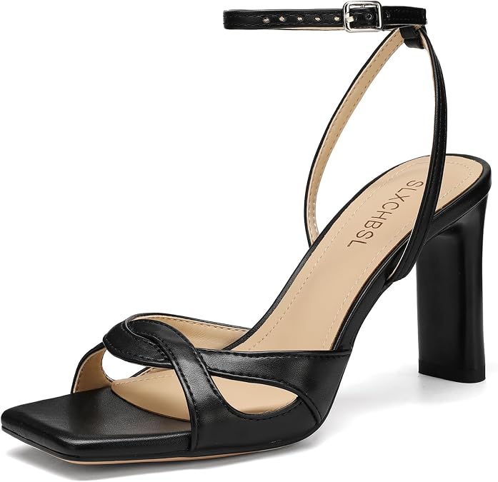 Women'S Strappy Heels For Women 3.2 Inch Chunky Block Heels Straps Square Open Toe Sandals With Adjustable Ankle Strap Comfortable Wedding Party Dress Heels