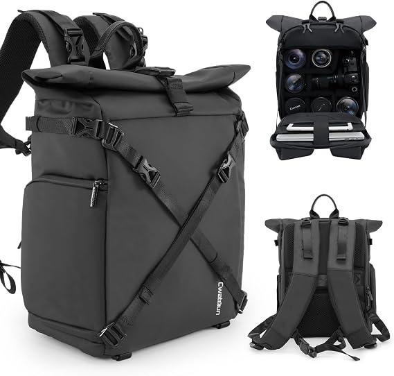 Cwatcun Waterproof Camera Backpack, Black Photography Travel Camera Bag Case with 4L Expansion Warehouse, Tripod and Drone Strap, 15.6" Laptop Compartment for Canon Nikon Sony SLR DSLR