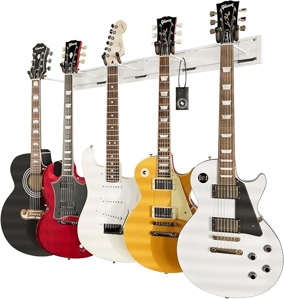 String Swing Guitar Wall Rack, Multiple Guitar Wall Mount, Guitar Organizer for Acoustic & Electric Guitars, 5 Padded Arm Hangers & White Slatwall Rail, Wall Mount Guitar Rack - MADE IN USA