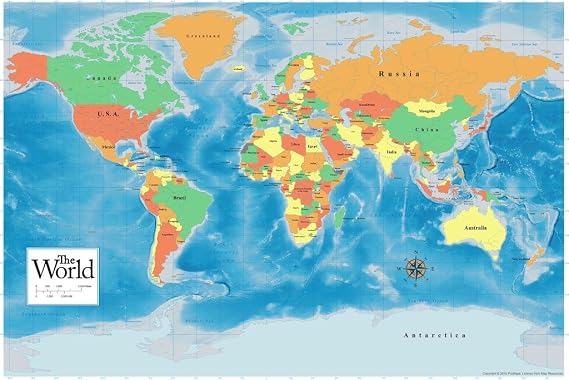 World Map Poster Classroom Reference International Decor Geography Color Chart Cool Wall Art Print Poster 36x24