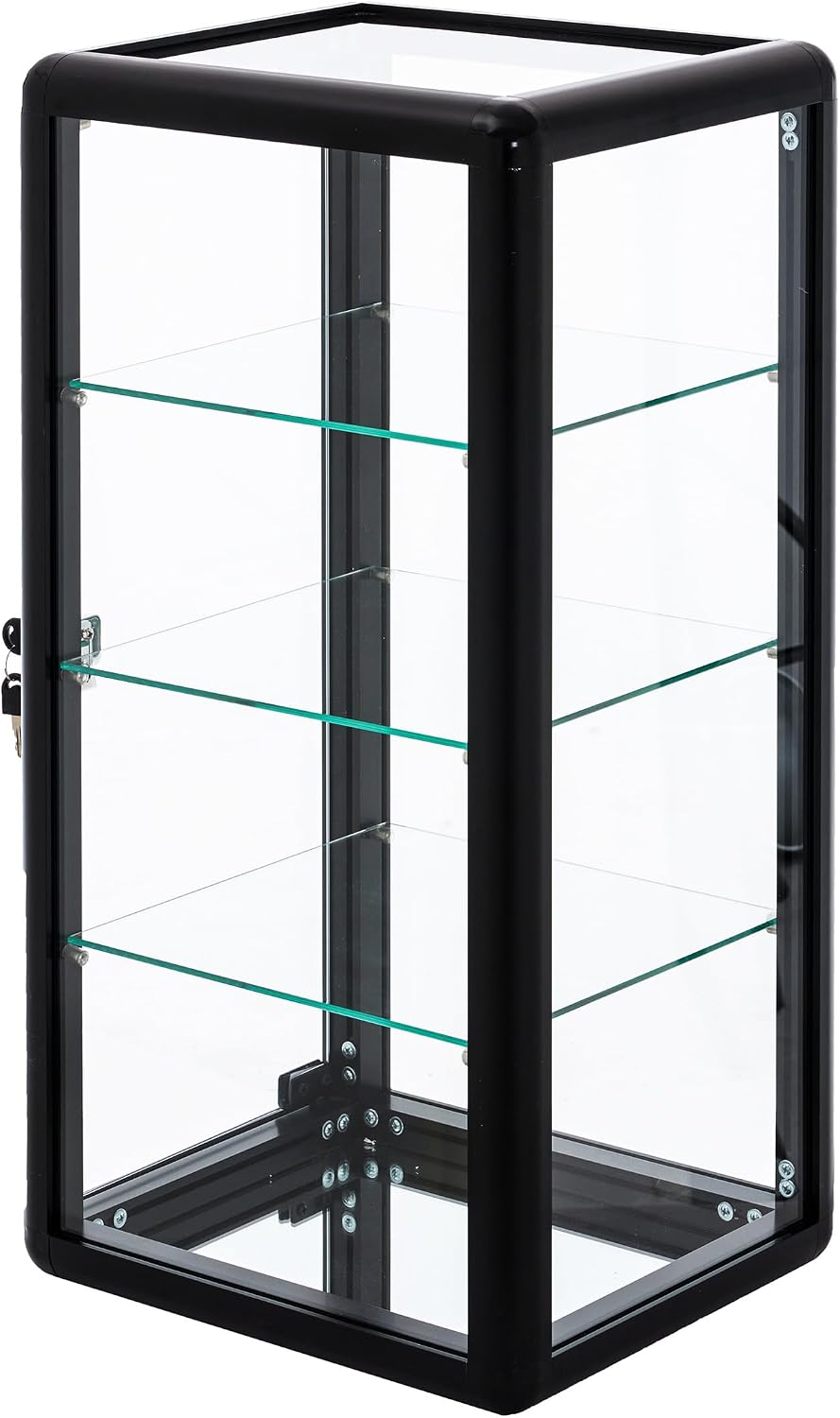 Tempered Glass Counter Top Display Showcase for Collectibles Office Retail Display Safe Storage,4-Shelf Clear Standard Aluminum Framing with Sliding Glass Door and Lock-Display Cabinet-Black
