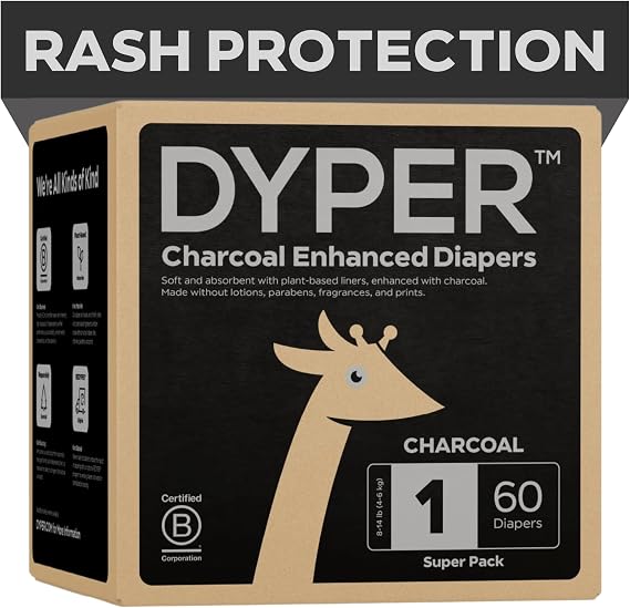 DYPER Charcoal Enhanced Diapers | Baby Diapers from Plant-Based* & Honest Materials | Day & Overnight Diapers | Disposable Diapers for Sensitive Skin (Size 1, 60, Count)