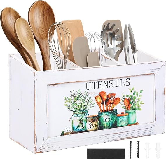 Wooden Utensils Holder, Kitchen Cooking Utensil Organizer with 3 Compartments and Nonslip Pads, Vintage Cooking Tools Storage Cutlery Caddy for Patulas, Tongs, Whisks Forks and Strainers(White)
