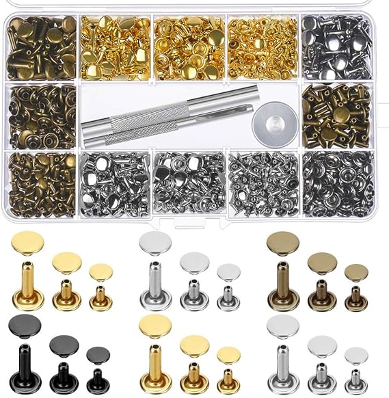 Paxcoo 480 Sets 3 Sizes Leather Rivets Double Cap Rivet Tubular Metal Studs with 3 Pieces Setting Tool Kit for Leather Craft Repairs Decoration, 4 Colors