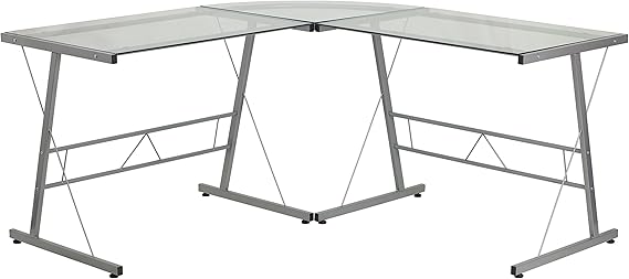 Flash Furniture Glass L-Shape Computer Desk with Silver Metal Frame