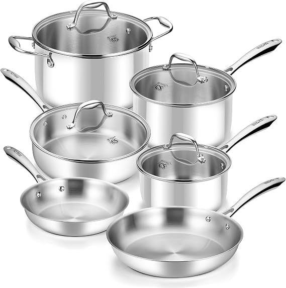 KOCH SYSTEME CS Tri-Ply Stainless Steel Cookware Set 10 Piece, Professional 18/10 Stianless Steel Pots and Pans Set, Oven & Induction Safe, Non-Toxic Kitchen Cookware Set for Family Cooking, 10pcs