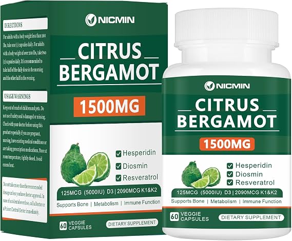 Citrus Bergamot 1500mg with Hesperidin, Diosmin, Resveratrol, Vitamin D3, K1 & K2 - Bergamot Supplement 60 Veggie Capsules