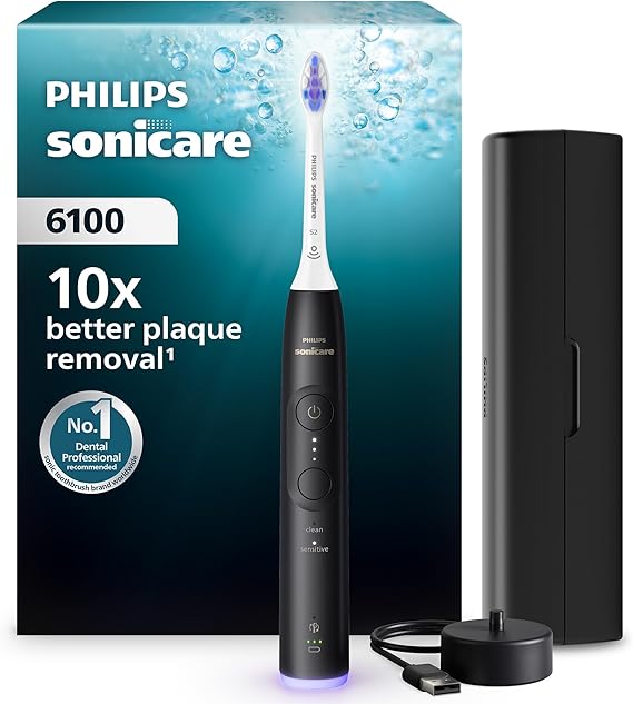 Philips Sonicare 6100 Electric Toothbrush, Sonic Toothbrush with 2 Brushing Modes and 3 Intensity Levels, Pressure Alert, EasyStart, SmarTimer and BrushPacer, Black, Model HX7401/07 [New Technology]