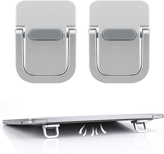 Bewudy 2PCS Portable Keyboard Riser, Self-Adhesive Mini Laptop Stand Invisible Computer Keyboard Stand for Desk, Foldable Laptop Feet with Anti-slip Silicone (Silver)
