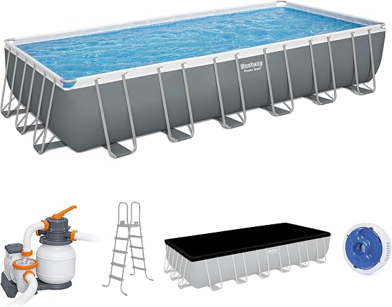 Bestway Power Steel 24 x 12' x 52 Above Ground Pool with Sand Filter Pump | Durable Rectangular Metal Frame Outdoor Backyard Pool with Puncture-Resistant Liner - Ladder and Cover Included
