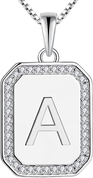 YL Initial Necklace for Women 925 Sterling Silver Rectangle Letter Pendant Halo A-Z Alphabet Jewelry
