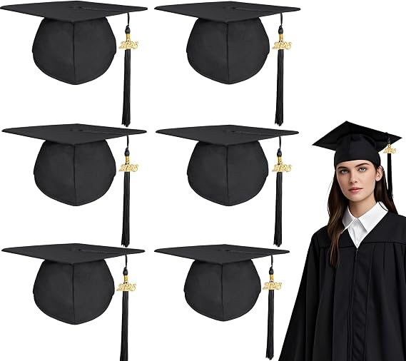 6pcs Graduation Caps Unisex Adult Matte Caps with Tassels in Same Color Detachable Golden Year Charm 2025 2026