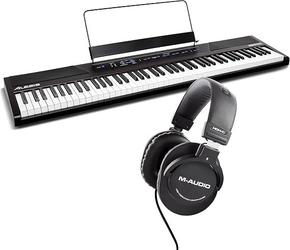 Alesis Recital 88 Key Digital Piano Keyboard with Semi Weighted Keys, 5 Voices, Piano Lessons, and M-Audio HDH40 Piano Headphones for Silent Practice