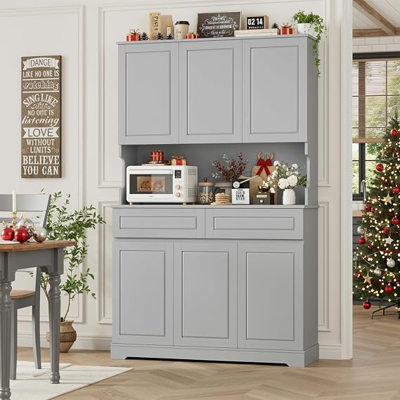 74" Pantry Cabinet, Tall Kitchen Pantry Cabinet with 6 Doors and 2 Drawers, Kitchen Hutch with Wide Countertop, Modern Kitchens Cupboard with Adjustable Shelves and Charge Holes, Grey
