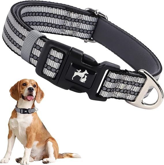 Reflective Dog Collar, Adjustable Soft Neoprene Breathable Quick Release Basic Dog Collars for Medium Large Extra Large Dogs (Silver XL)
