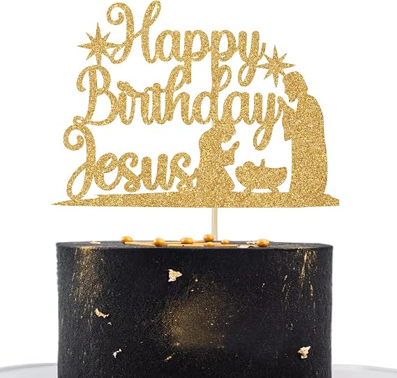 Happy Birthday Jesus Cake Topper, Jesus is Reason Cake Decor, Jesus Birthday Christmas Party Decorations Supplies Gold Glitter