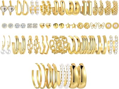 45 Pairs Gold Earring Set for Women, Fashion Stud Pearl Earrings Multipack, Hypoallergenic Twisted Heart Earring Pack, Gold Hoops Earrings for Party Jewelry with Gift Bag Gold-LB16