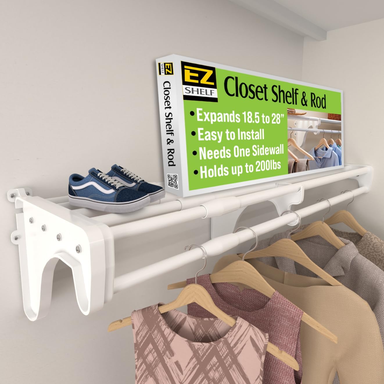 EZ SHELF - Closet Shelf with Hanging Rod - 29" to 49 Expandable, White, Closet Shelves - Strong, Holds 200 lbs - Easy Install - 1 Side Wall & Backwall with 1 End Bracket, Alternative to Wire Shelving
